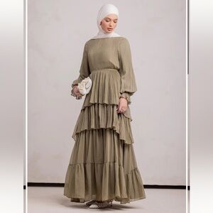 NWT | Zahraa the Label Dalia Pleated Ruffle Dress Evergreen